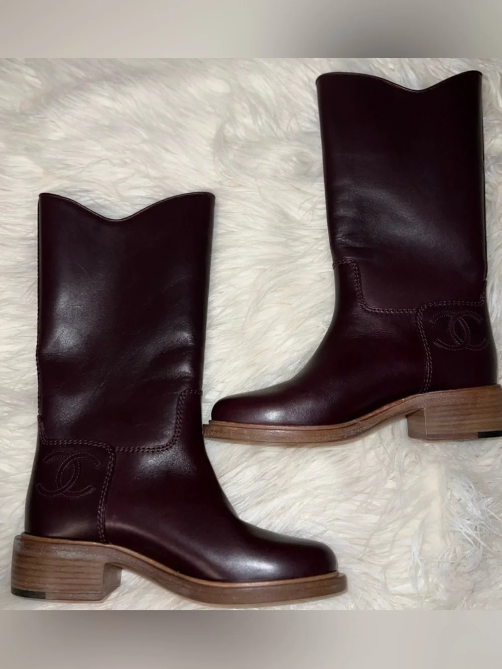 CHANEL Burgundy Leather Mid-Calf Logo Boot